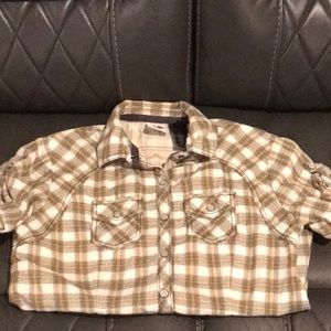 Harley-DAVIDSON small plaid yellow and green snap short sleeve shirt. Like new.